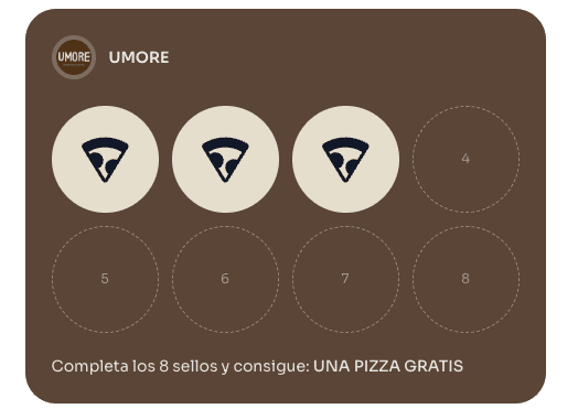 Tarjeta de fidelidad personalizada de Umore, con 3 de 8 sellos conseguidos.
